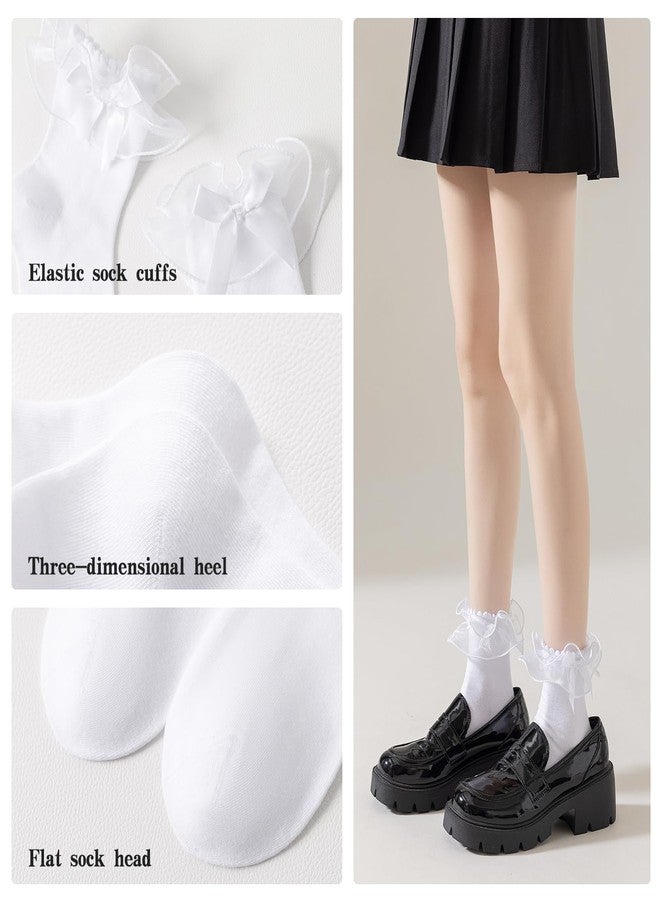 AMHRLINGTO Women Lace Socks Ruffle Frilly Socks - Comfortable Cotton Cute Princess Lolita socks with Bow (Cotton, White-1 Pairs) - Image 5